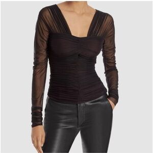 A.L.C. Black Ruched Mesh Long Sleeve Blouse